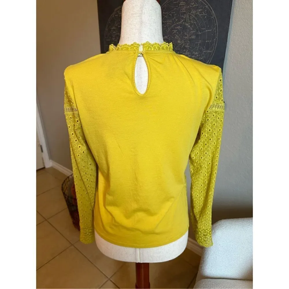 James Coviello Anthropologie Crochet Lace Yellow Long Sleeve Top Size S